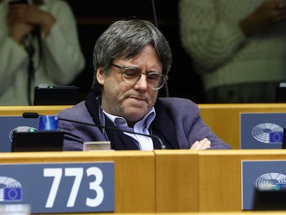 Carles Puigdemont, este miércoles en su escaño del Parlamento Europeo.