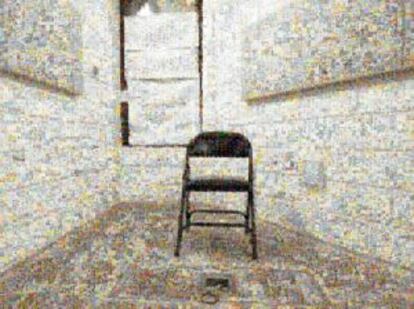 Celda de interrogatorios en Guantánamo. Fotografía construida mediante un programa de fotomosaico conectado on-line al buscador Google. De Joan Fontcuberta.
