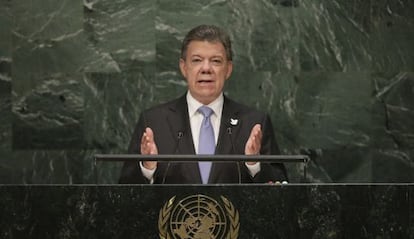 O presidente de Colômbia, Juan Manuel Santos, na ONU.