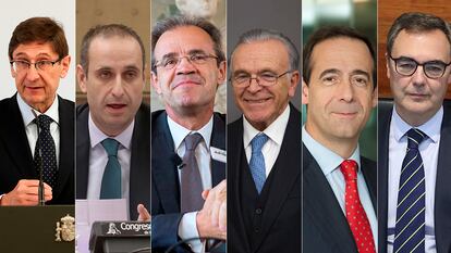 Desde la izquierda: José Ignacio Goirigolzarri,  Jaime Ponce, Jordi Gual, Isidro Fainé, Gonzalo Gortázar, y Jose Sevilla.