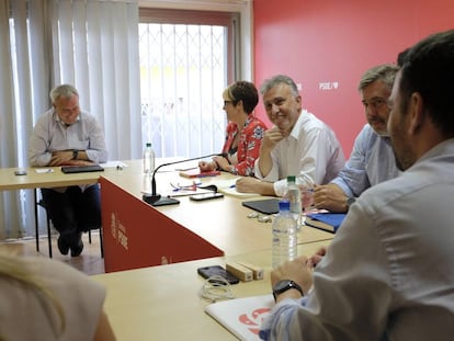 El secretario general del PSOE de Canarias, Ángel Víctor Torres (mirando a cámara, con camisa blanca).