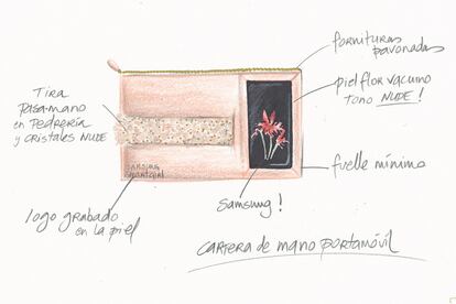 Boceto de la cartera de fiesta con espacio para el móvil que presentará en su próximo desfile.