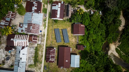 A group of solar panels supplies energy to a food processing plant in Iquitos, in the Peruvian Amazon.