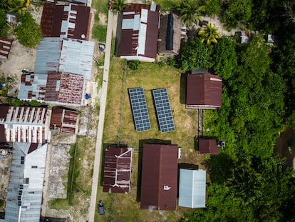 A group of solar panels supplies energy to a food processing plant in Iquitos, in the Peruvian Amazon.