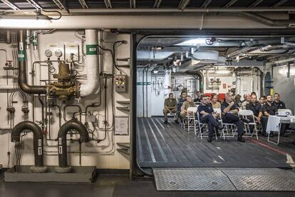 European officials from Operation Sophia during a briefing on the Cantabria.