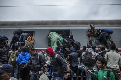 Refugiados tentam entrar em um trem pelas janelas enquanto se esquivam do cordão policial em Tovarnik, Croácia.