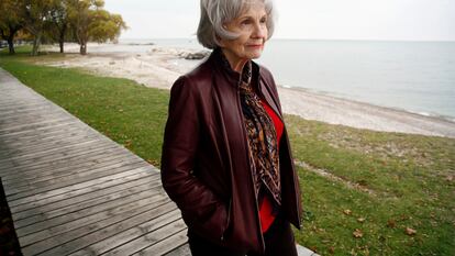 Alice Munro along a favorite walk she takes with her husband through a park along the eastern edge of Lake Huron.