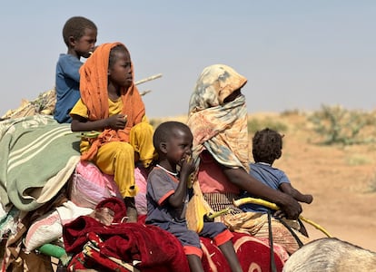 Gente de Sudán que huyeron del campo de desplazados internos de Zamzam, de camino a los campamentos de Tawila