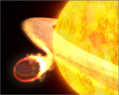 Ilustración de la estrella Wasp -12 en la que cae materia del planeta que gira a su alrededor