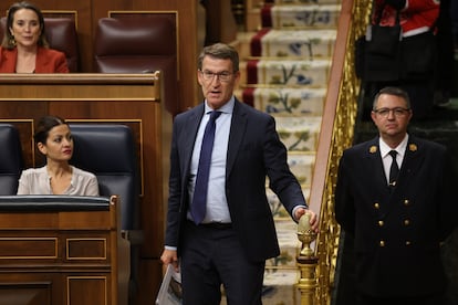 El líder del PP, Alberto Núñez Feijóo, durante el debate de la ley de amnistía, este martes en la Cámara Baja.