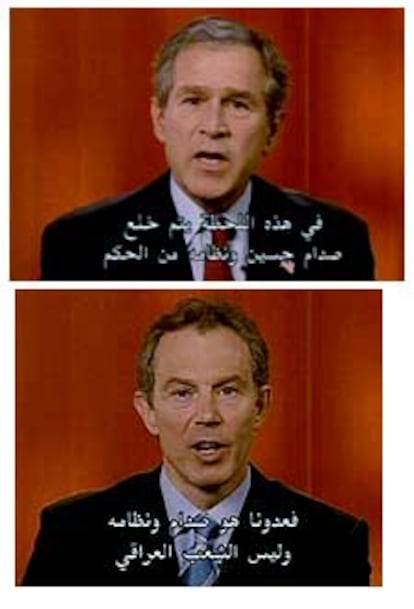 Bush (arriba) y Blair se dirigen al pueblo iraquí a través de la televisión.
