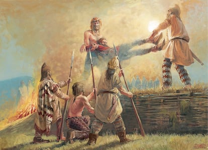 Reconstrucción del rito geta dacio del envío de un mensajero al dios Zalmoxis por medio de un sacrificio humano.