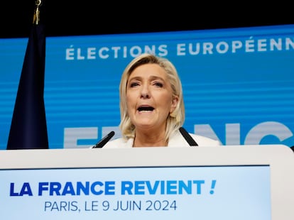 Marine Le Pen durante su discurso tras los primeros resultados por las elecciones europeas, el pasado 9 de junio.