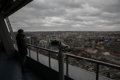 British councilor Mark Adam Harold photographed at Vilnius City Hall, a tall glass building that looks over the Baltic city. Harold fights for and talks about themes that aren’t usually discussed, such as LGBT+ rights, arms control and drug abuse.