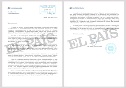 Carta de María Guardiola a la que ha tenido acceso EL PAÍS. 