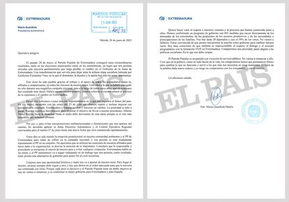 Carta de María Guardiola a la que ha tenido acceso EL PAÍS. 