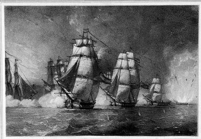 Ilustración de la explosión de la fragata Nuestra Señora de las Mercedes (1804), hundida por los ingleses.