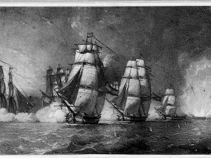 Ilustraci&oacute;n de la explosi&oacute;n de la fragata Nuestra Se&ntilde;ora de las Mercedes (1804), hundida por los ingleses.