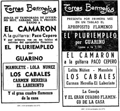 Carteles anunciando las actuaciones de Camarón en el tablao Torres Bermejas en 1971.