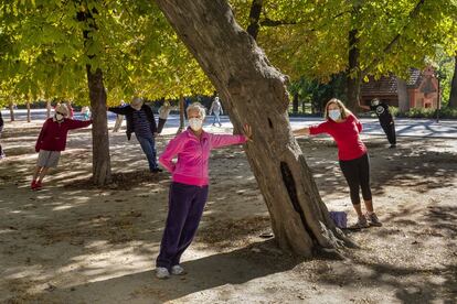 Al parque con chándal y mascarilla para mantenerse en forma y despejar la mente, en un gimnasio improvisado.