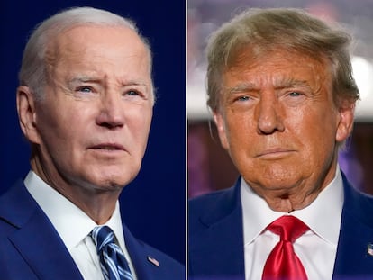 In this combination of photos, President Joe Biden, left, speaks on Aug. 10, 2023, in Salt Lake City, and former President Donald Trump speaks on June 13, 2023, in Bedminster, N.J.