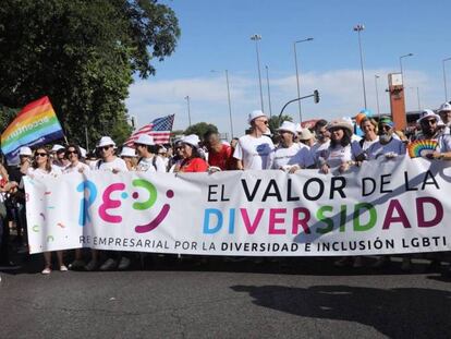 Manifestantes de REDI en el Orgullo 2019 de Madrid.