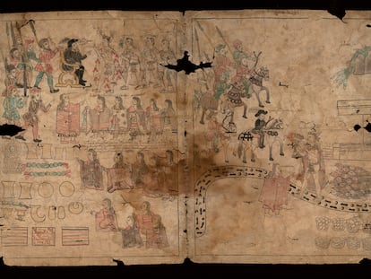 El Fragmento de Texas, que data entre 1530 y 1540, en el que se puede ver a Malintzin (o la Malinche) recibiendo a cinco princesas tlaxcaltecas.