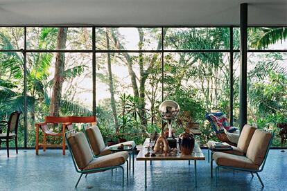 Interior de la Casa de vidrio de Lina Bo Bardi con la vegetación crecida.