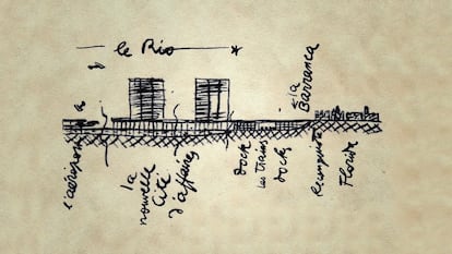 Uno de los dibujos de Le Corbusier proyectando la modernización de Buenos Aires, vista desde el río de La Pata.