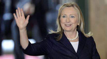 Hillary Clinton, a su llegada a la reuni&oacute;n de Ginebra.