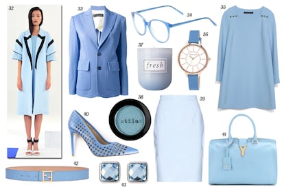 32. Bellavance. 33. Dsquared2 Blazer con bolsillos XL. 34. Black Eyewear Gafas de ver con montura de pasta transparente. 35. Zara Vestido de manga larga con botones en los hombros. 36. Anne Klein Reloj con correa de piel. 37. Fresh Vela aromática “Life”. 38. stila Sombra de ojos “jewel eye”. 39. Miu Miu Falda lápiz de charol. 40. Reed Krakof Stiletto de piel perforada. 41. Saint Laurent Tote de piel. 42. Fendi Cinturón con hebilla de logo. 43. Tamaris Jewelry Pendientes de cristales.