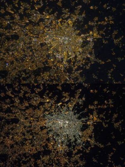 Arriba, la imagen de Milán de noche en 2012. Abajo, el centro de la ciudad se había 'blanqueado' en 2015. Ambas son fotografías reales tomadas desde la ISS.