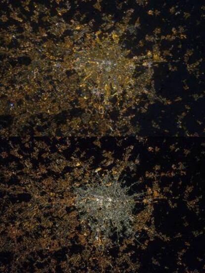 Arriba, la imagen de Mil&aacute;n de noche en 2012. Abajo, el centro de la ciudad se hab&iacute;a &#039;blanqueado&#039; en 2015. Ambas son fotograf&iacute;as reales tomadas desde la ISS.