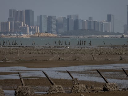 Anti-tank fortifications along one of Taiwan's Kinmen beaches, opposite the Chinese city of Xiamen, photographed on April 9, 2023.