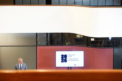 El alcalde de Barcelona, Jaume Collboni, en el acto de presentación de las actividades por la Capital Mundial de la Arquitectura 2026.