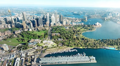 Fachada de ampliación con las intervenciones de paisajismo de Sanaa en Sidney . 