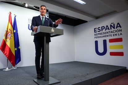 Pedro Sánchez, durante una rueda de prensa celebrada en Bruselas este jueves.