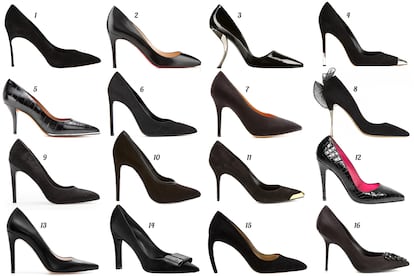 1. Casadei De ante con tacón ultrafino. 2. Christian Louboutin De piel. 3. Roger Vivier De charol con tacón metálico inclinado. 4. Gianvito Rossi De ante con puntera y tacón de metal. 5. Givenchy De piel con grabado de cocodrilo. 6. Saint Laurent Paris De ante. 7. Isabel Marant  Con empeine en V. 8. Nicholas Kirwood De ante con tacón dorado y volante de gasa en el talón. 9. Mango De piel de potro. 10. Asos De ante con empeine en V y ribete de piel. 11. Alexander McQueen De ante con puntera dorada. 12. Úrsula Mascaró De charol con grabado de pitón. 13. Zara De piel. 14. Louis Vuitton De ante con lazo en el empeine. 15. Walter Steiger De ante con tacón inclinado. 16. Burberry London De satén con pedrería en el empeine.