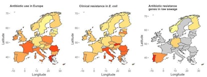 A la izquierda, uso de antibióticos en Europa (a más rojo, más consumo). En el centro mapa de la 'E. coli' resistente en el ámbito clínico. A la derecha, los países con plantas estudiadas.