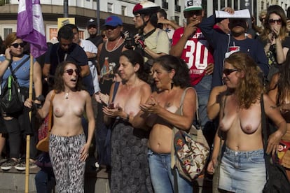 Women in Buenos Aires demand the right to topless bathing last week.