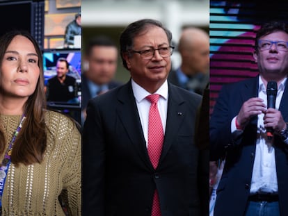 La gerente de RTVC, Nórida Rodríguez, el presidente Gustavo Petro, y el subgerente de televisión, Hollman Morris.