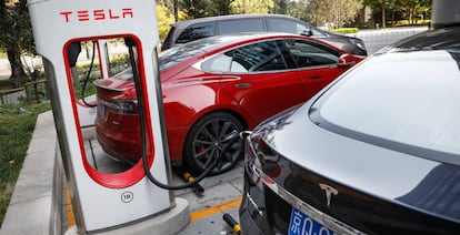 Varios vehículos eléctricos Tesla cargan en una estación en China.