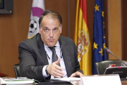El presidente de la LFP, Javier Tebas, durante un acto.