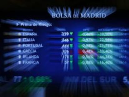 Monitor en la bolsa de Madrid que muestra, entre otras, la prima de riesgo de España. EFE/Archivo