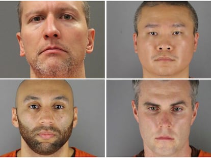 Los policias despedidos: Derek Chauvin, Tou Thao, Thomas Lane y J. Alexander Kueng en la cárcel de Minneapolis, Minnesota.