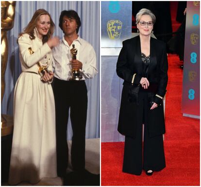 Los actores Dustin Hofmann y Meryl Streep, en los premios Oscar de 1979. A la derecha, la actriz que más estatuillas tiene en su currículo, el pasado febrero en la alfombra roja de los premios británicos de cine.