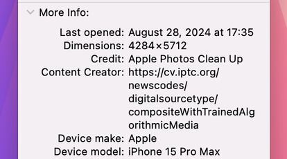 Datos EXIF al modificar una imagen con Clean Up AI de iOS 18.1