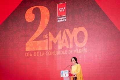 La presidenta de la Comunidad de Madrid, Isabel Díaz Ayuso, durante su discurso.