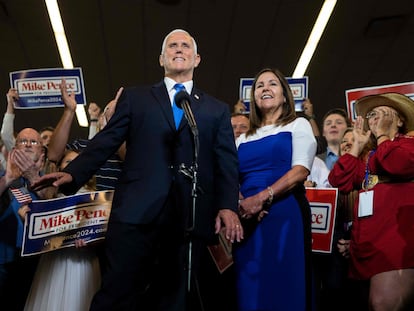 Former vice president and 2024 Presidential hopeful Mike Pence speaks during his campaign launch event at the FFA Enrichment Center of the Des Moines Area Community College in Ankeny, Iowa, on June 7, 2023.