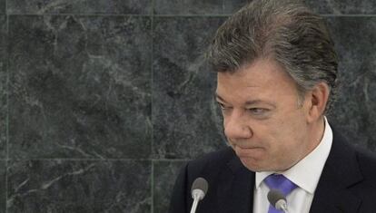 El presidente colombiano, Juan Manuel Santos, durante su intervenci&oacute;n ante la Asamblea General de la ONU.